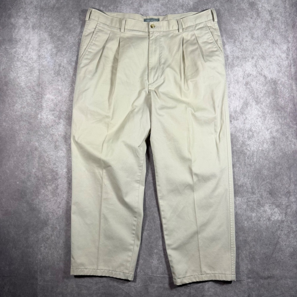 Evergreen Mens Khaki Pleated Chino Pants 38x26 Tan 100% Cotton Relaxed Fit Prep